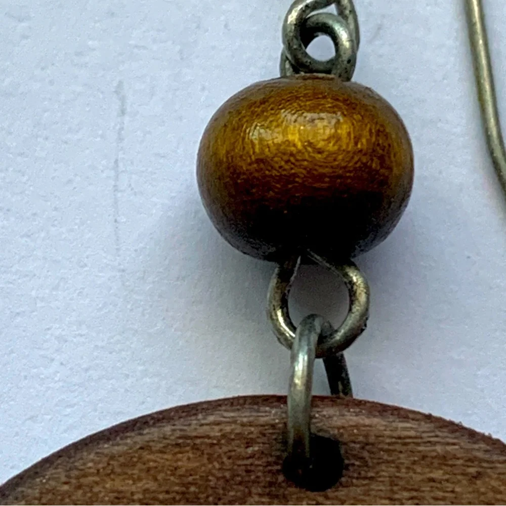 Brown Wood Earrings with Heart and Circle Designs